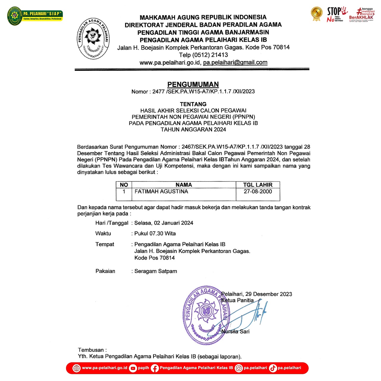 pengumuman ppnpn satpam 2024
